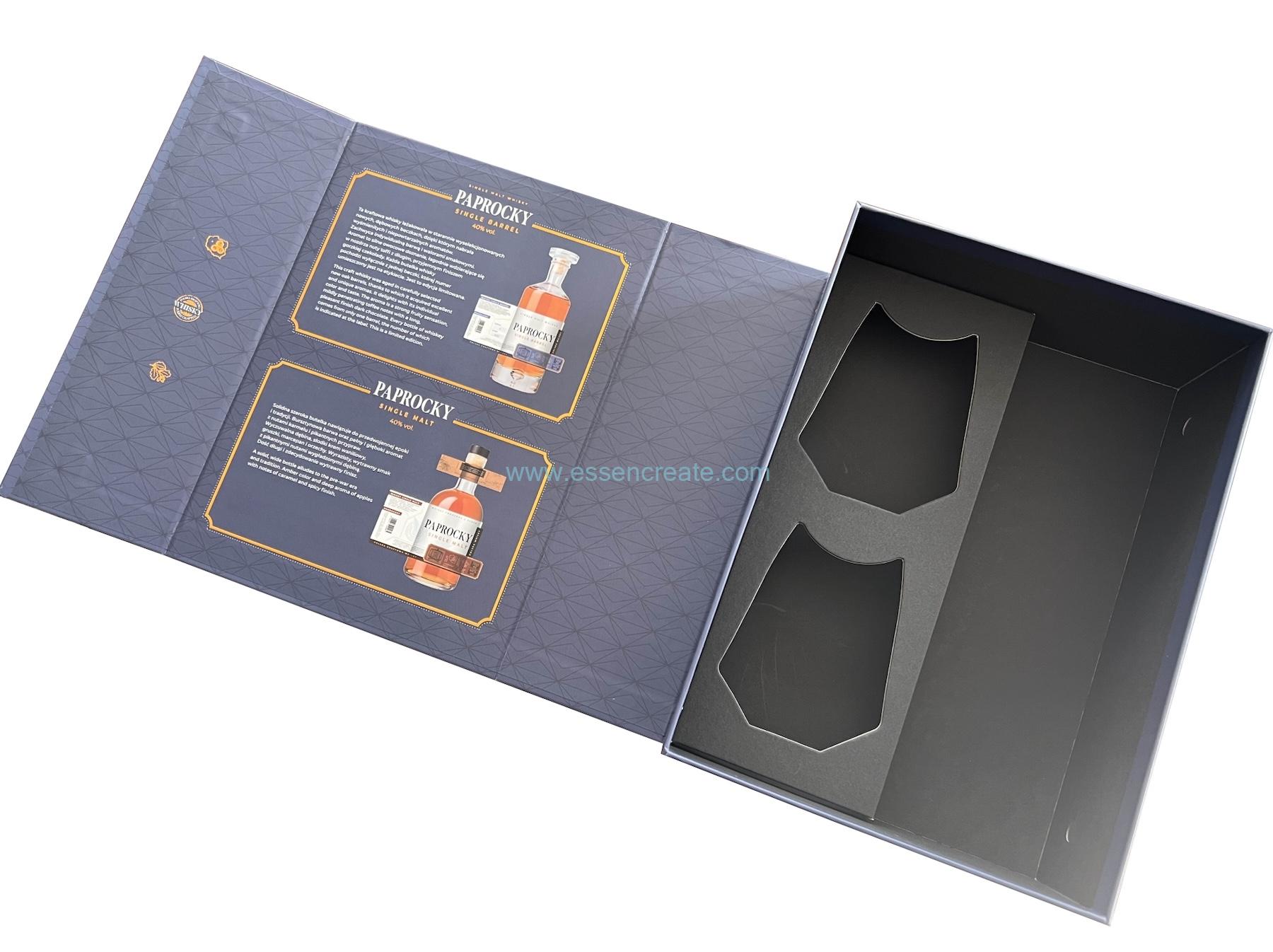 クラムシェル シングル ウイスキーとグラス 2 個入りパッケージ ブック型ボックス